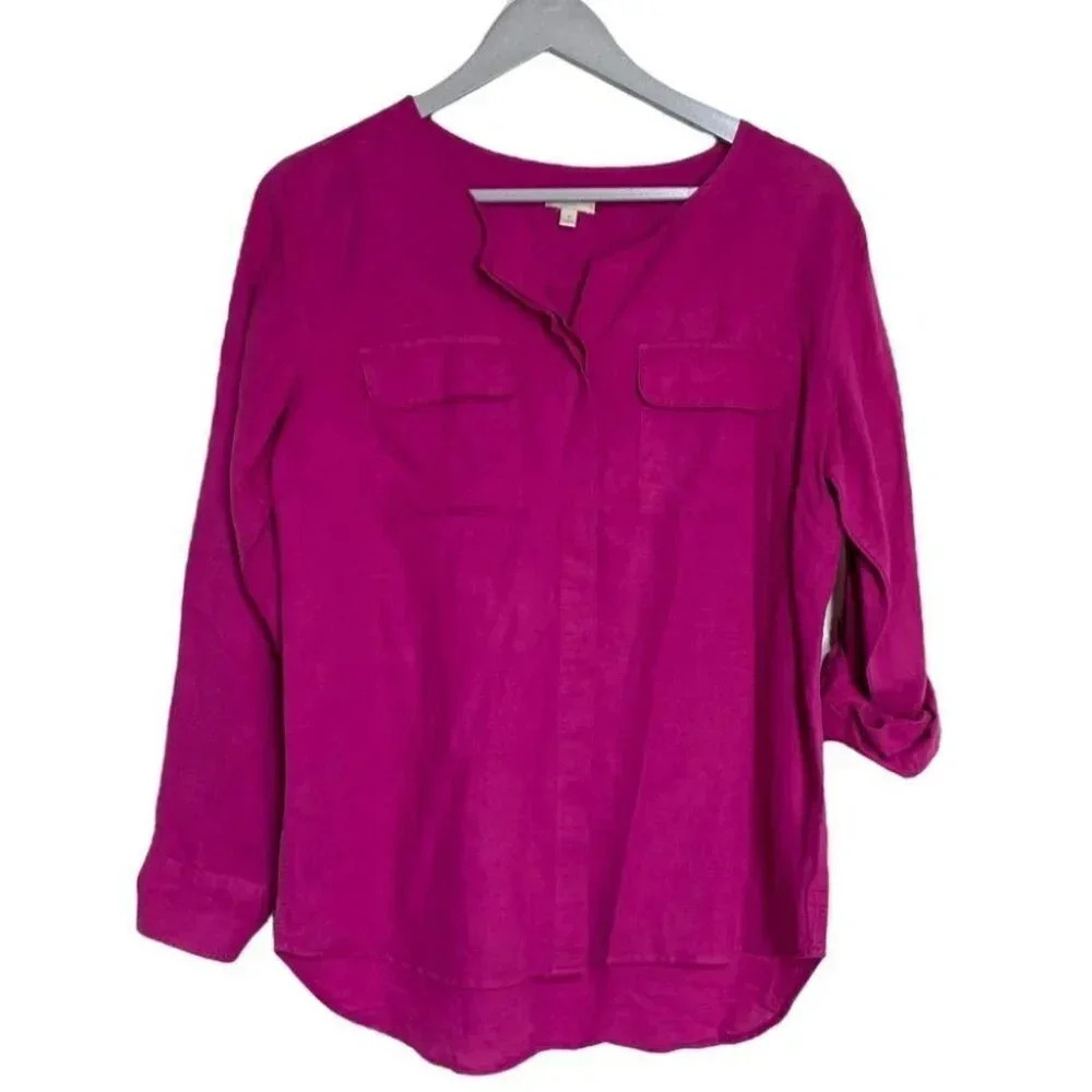Talbots S fuchsia pink linen cotton blend‎ tunic with optional rolled sleeves